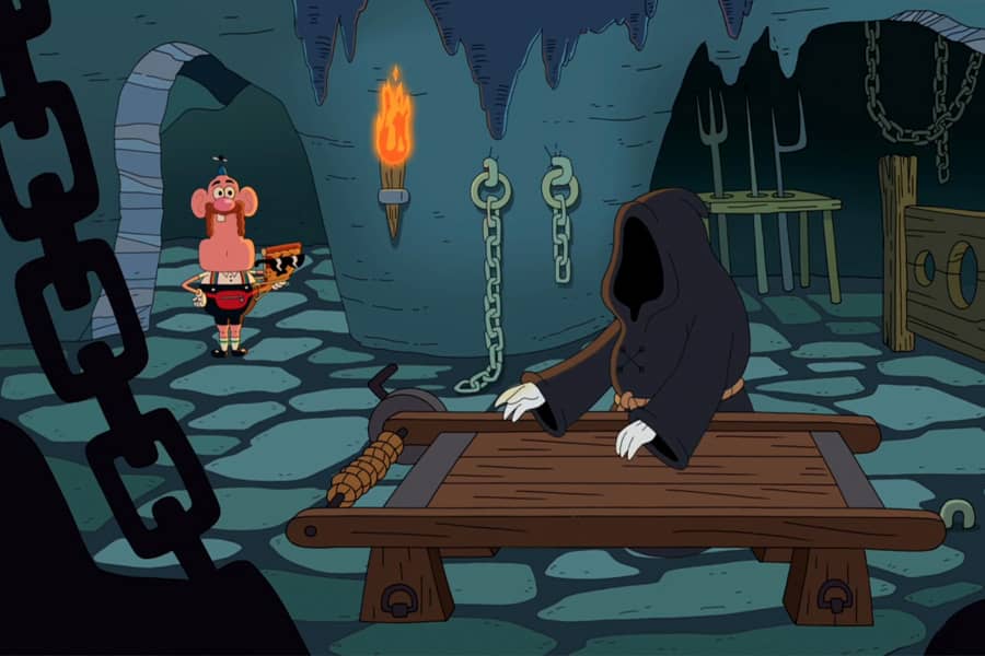 guest enters dunegon where hooded figure prepares a torture device