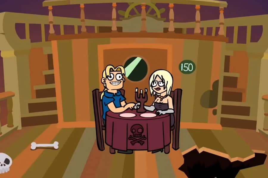 man and woman having a candlelit dinner on an old pirate ship