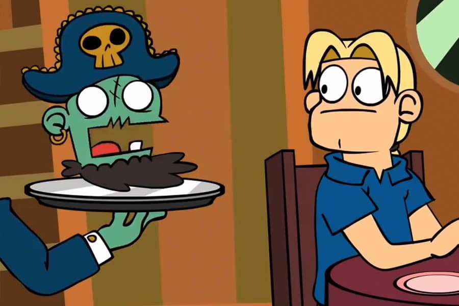 waiter is serving a zombie pirate head on a platter