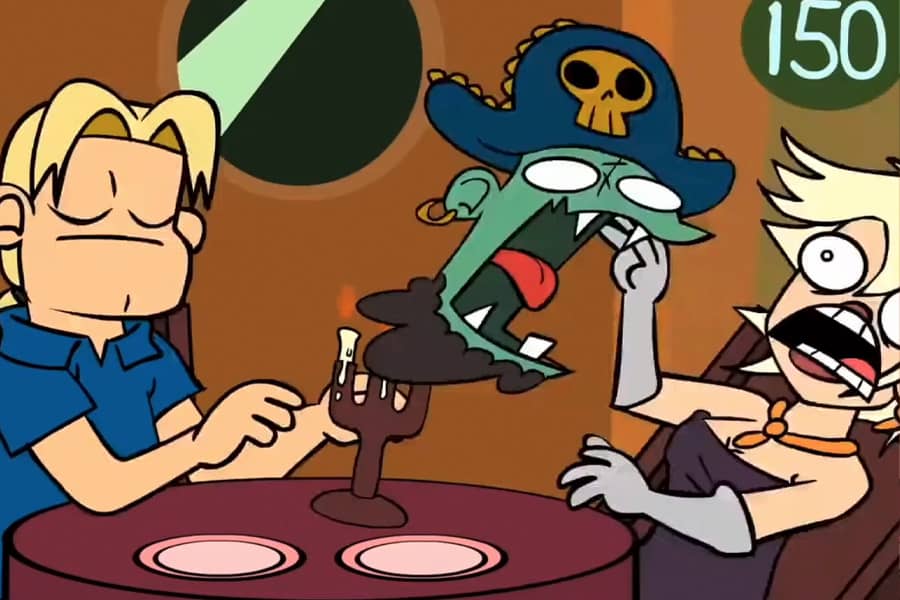 zombie pirate head attacks the woman