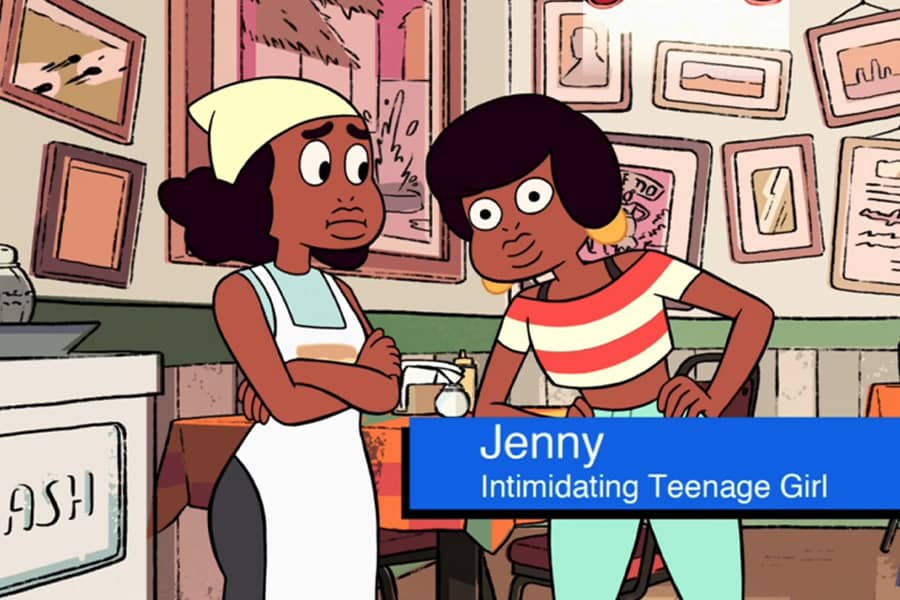 two teen Black girls, chyron says “Jenny, intimidating teenage girl”