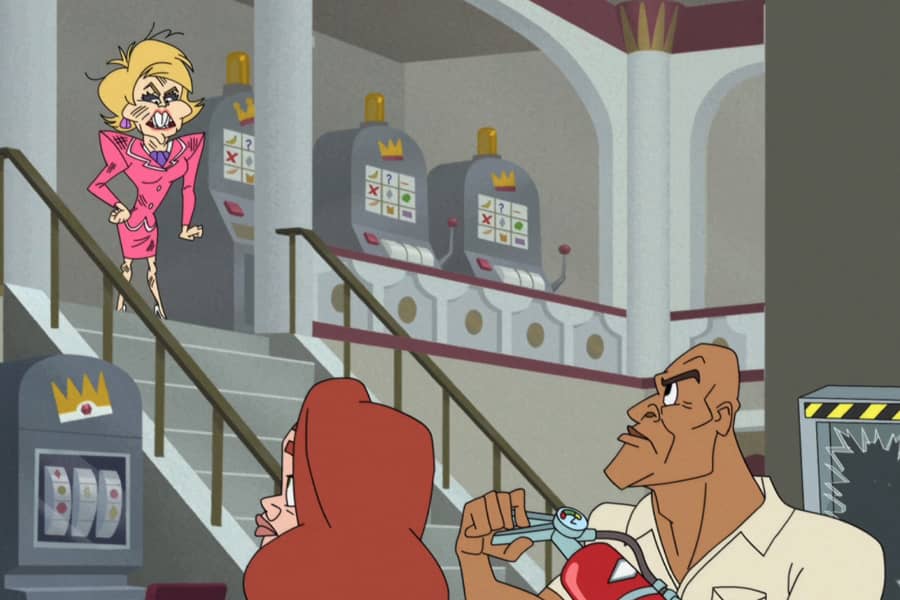 a disheveled and dirty southern woman looks down the stairs at Dwayne Johnson holding a fire extinguisher