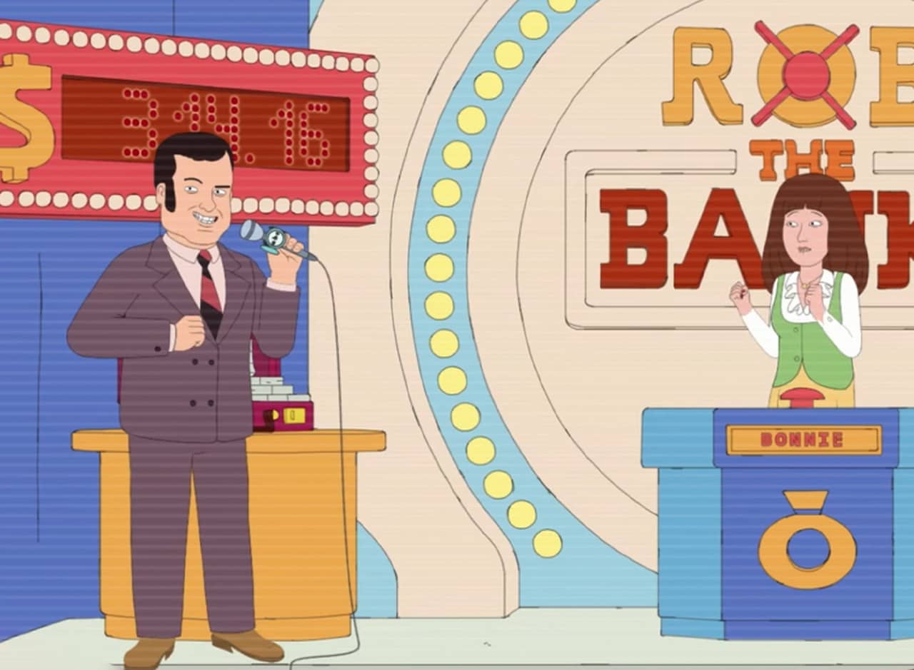 host and contestant on game show set