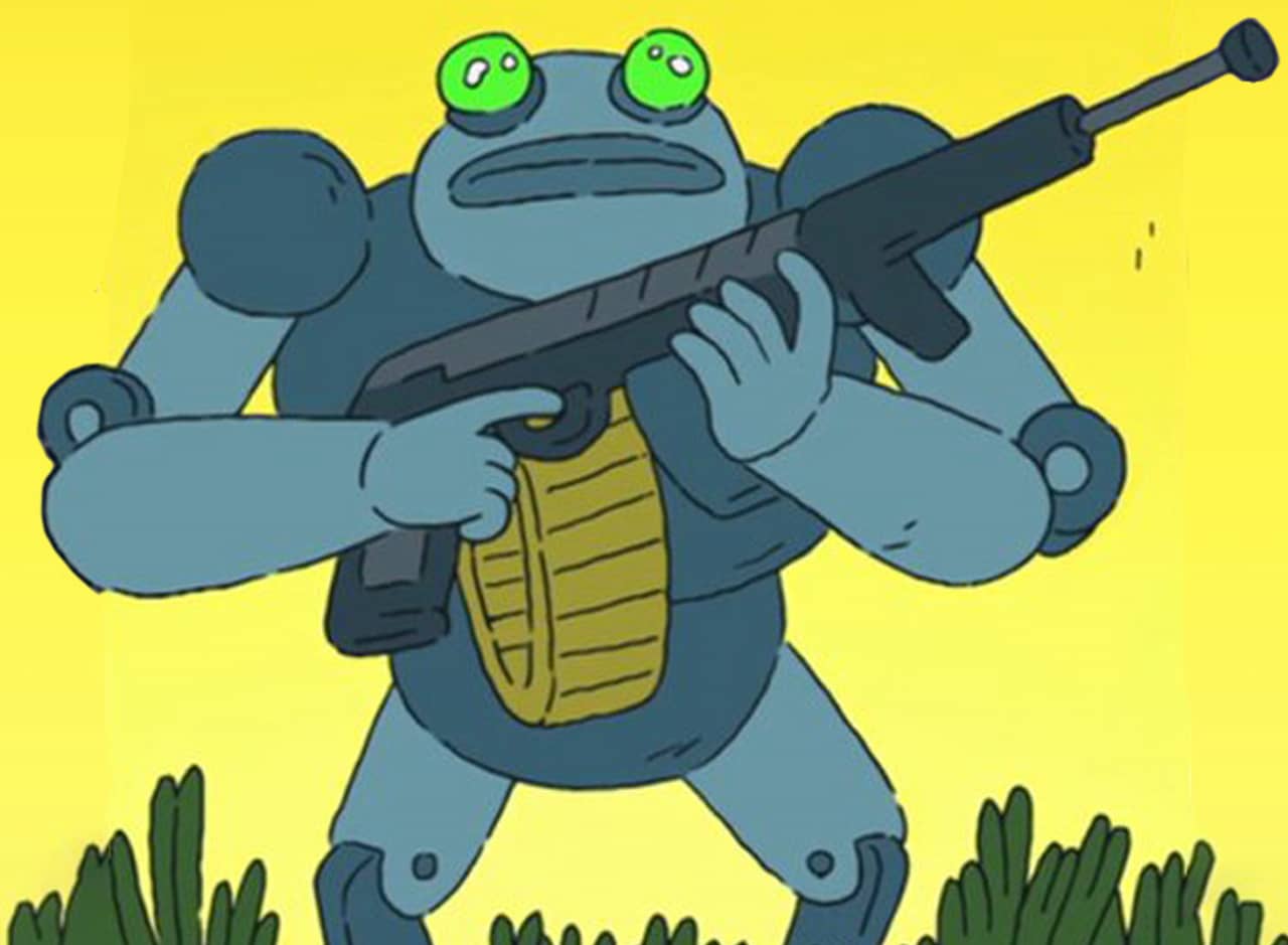 Robofrog, big robot frog holding a gun