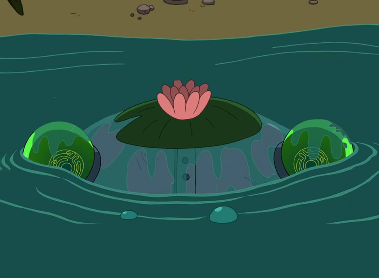 Robofrog emerging from a pond, lifting up a lily pad with his head