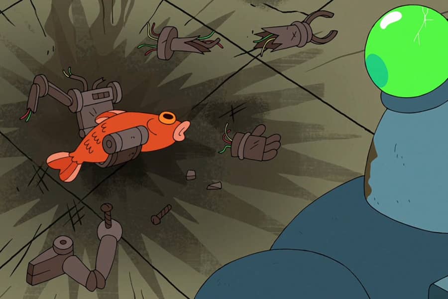Robofrog looks at Robofish on the ground surrounded by destroyed robotics
