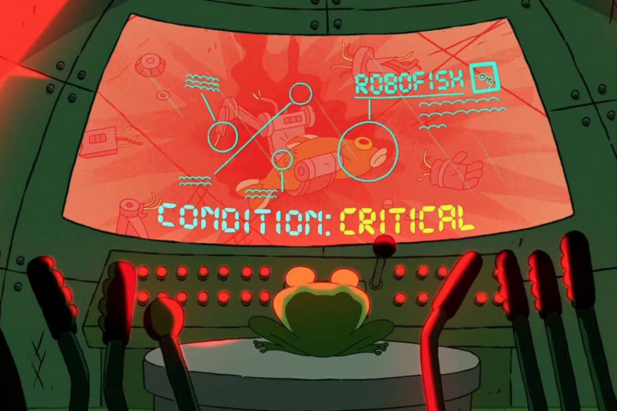 the frog inside Robofrog looking at a display screen of Robofish’s vitals