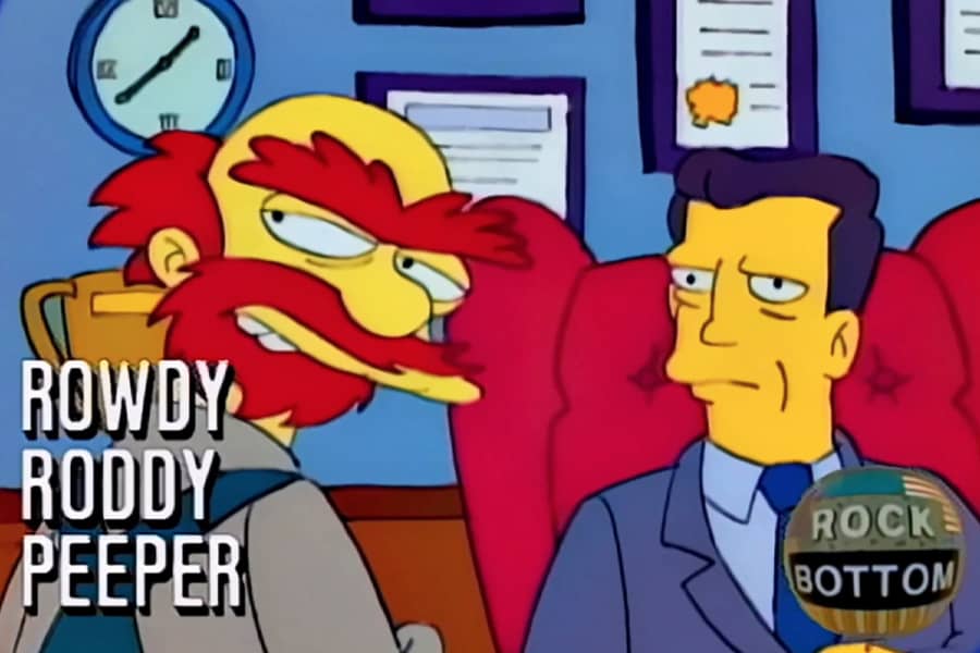 Groundskeeper Willie with text “Rowdy roddy peeper”