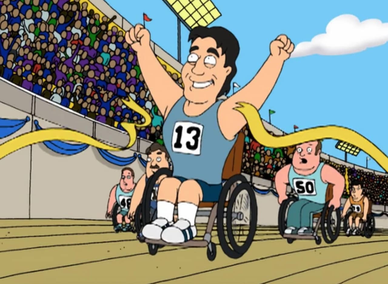 Tony Danza as Joe Swanson winning a wheelchair race