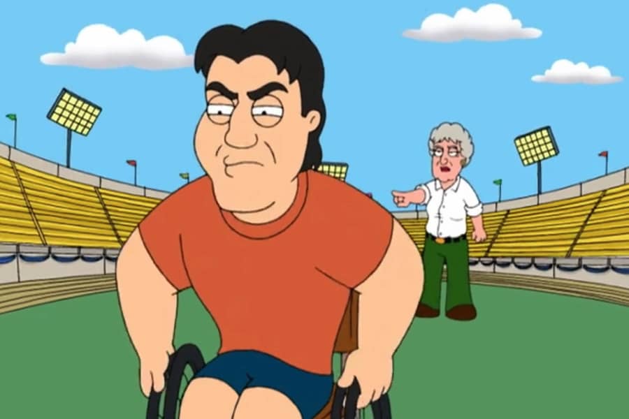 Swanson angrily rolls away from Peter Griffin (Bea Arthur)