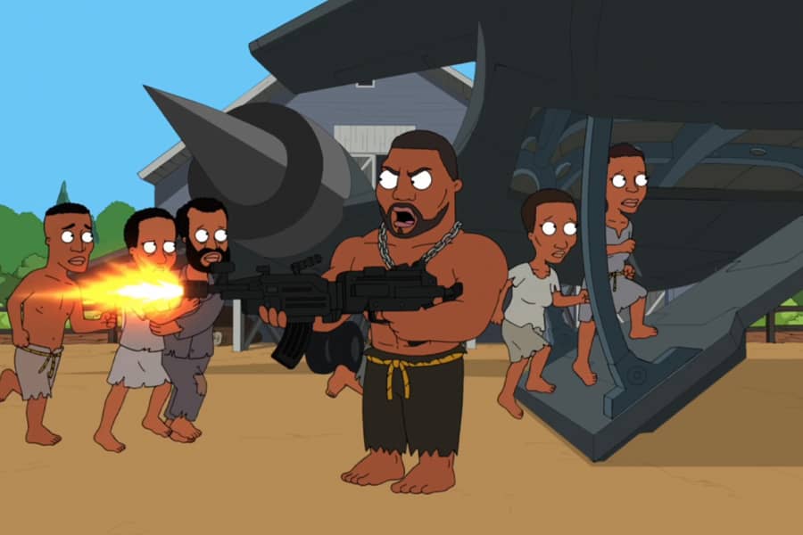 Kunta Kinte 9000 shooting his gun as slaves board a jet behind him