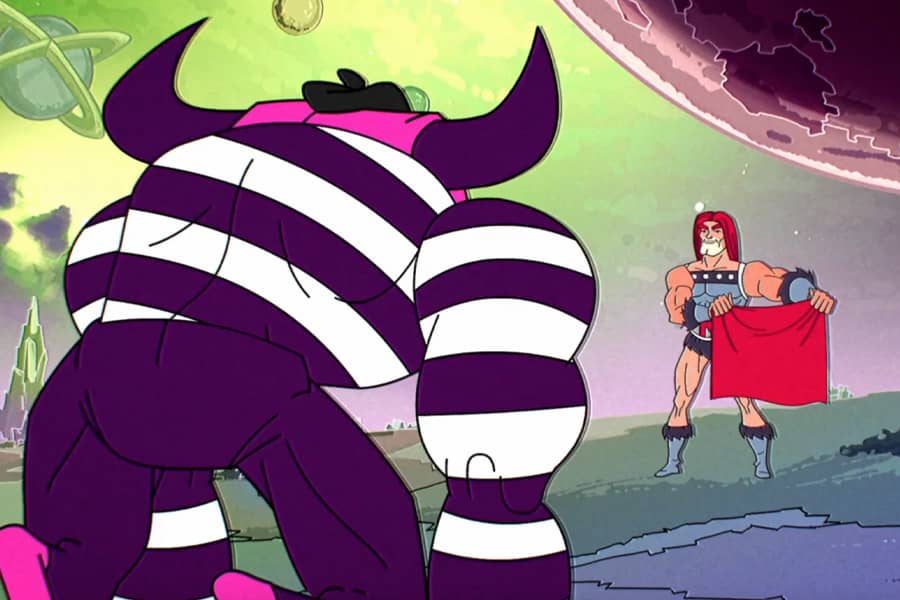 Rorg holding up a red cape to the Mime-o-taur