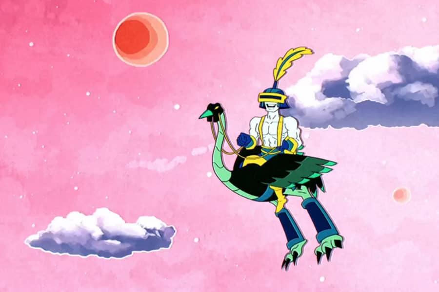 Rorg’s sidekick Socko flying on an ostrich