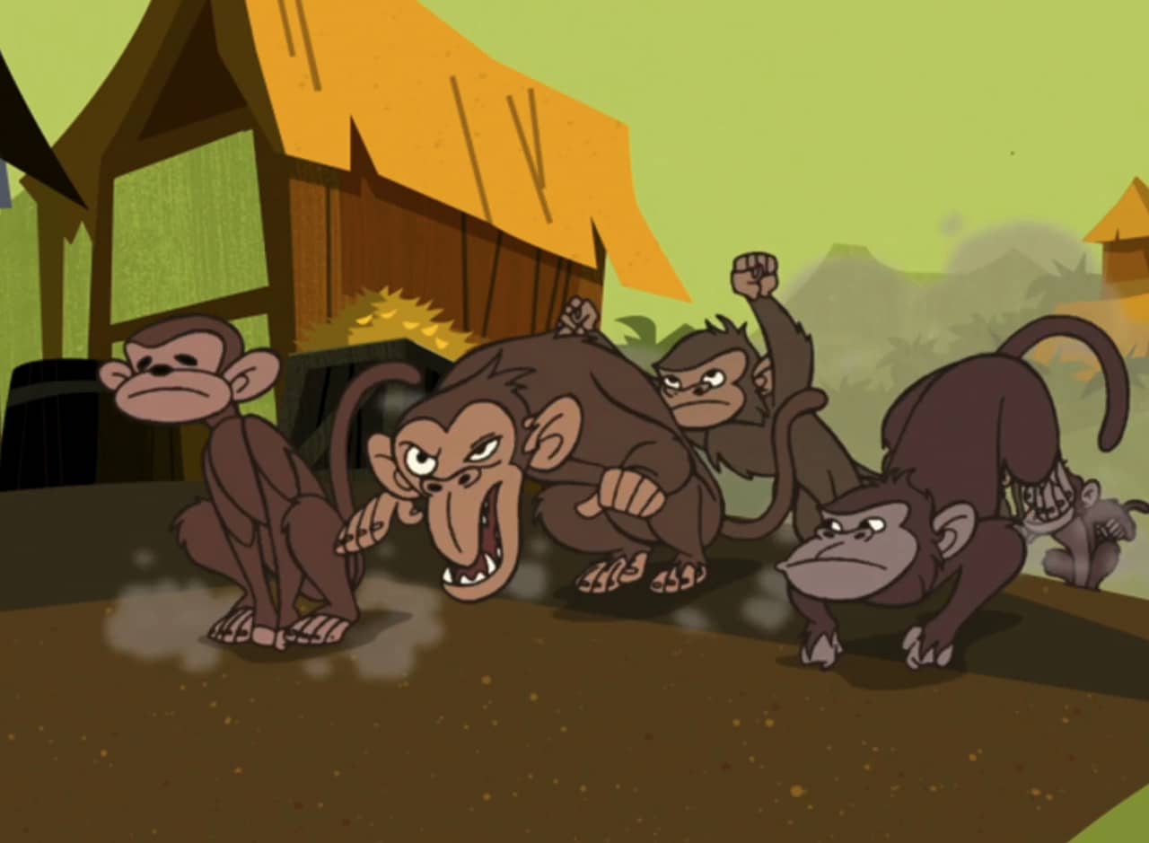 monkeys stampeding through a jungle village