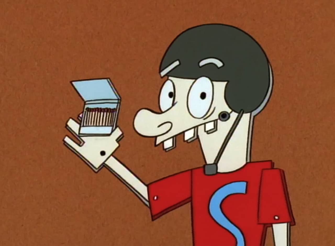 Safety Sammy, a paper puppet man, wearing a helmet and holding a matchbook