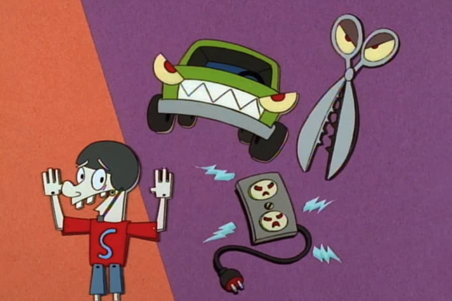Safety Sammy with some angry hazards: a car, scissors, and an electrical plug