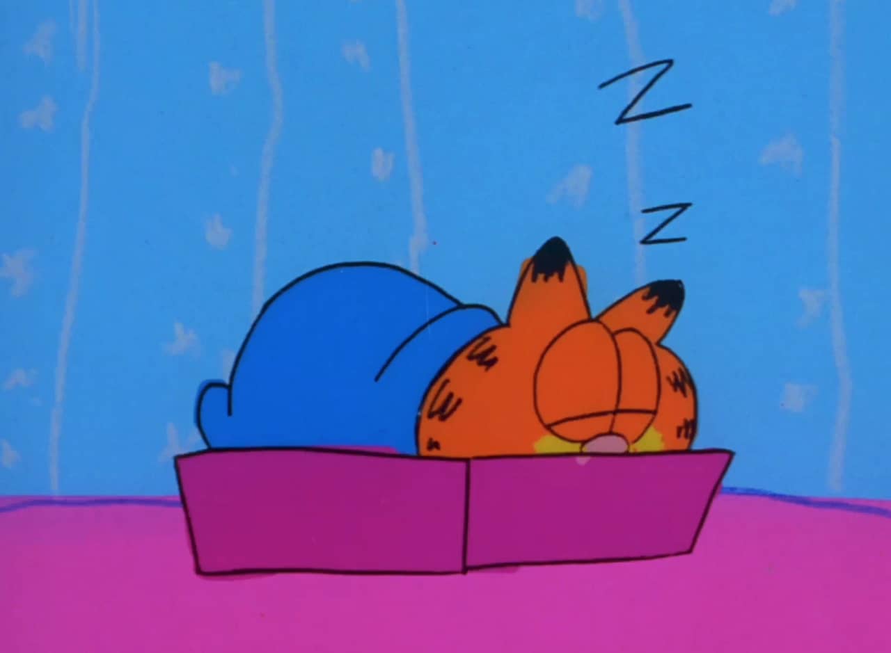 roughly drawn Sam the Cat (looks like Garfield) sleeping in his bed