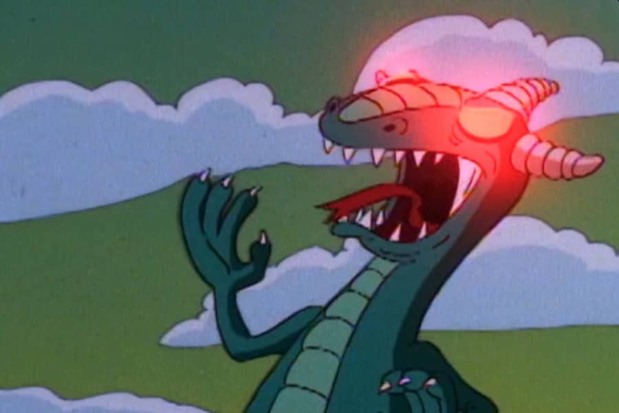 dinosaur alien with glowing red eyes