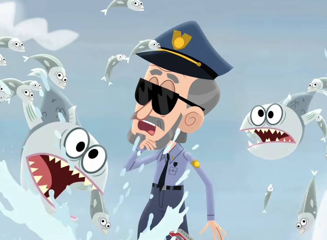 a cop being swarmed by sardines jumping out of the water