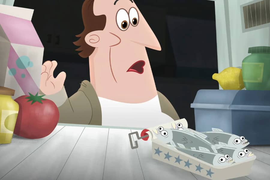 man looking into a fridge at an open can of sardines who are wide-eyed with sharp teeth