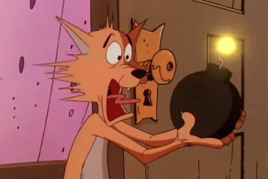 Scaredy-Kat screaming as he holds a lit bomb