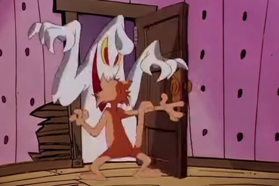 Scaredy-Kat opening a door and a huge ghost is on the other side