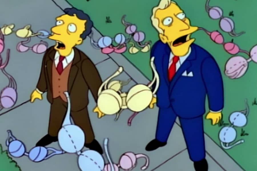 Dean Bitterman and the President look up in shock as bras fall from the sky