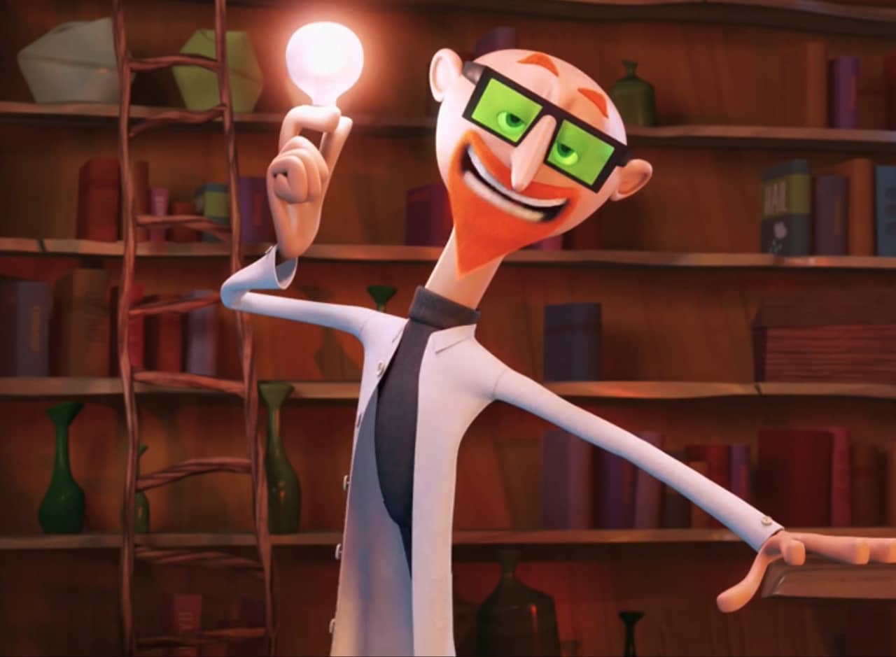 Chester V, a scientist with green glasses, red beard, and labcoat