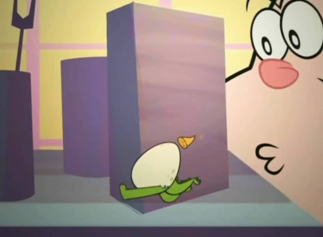 egg with crocodile feet and tail running away from a bewildered chef
