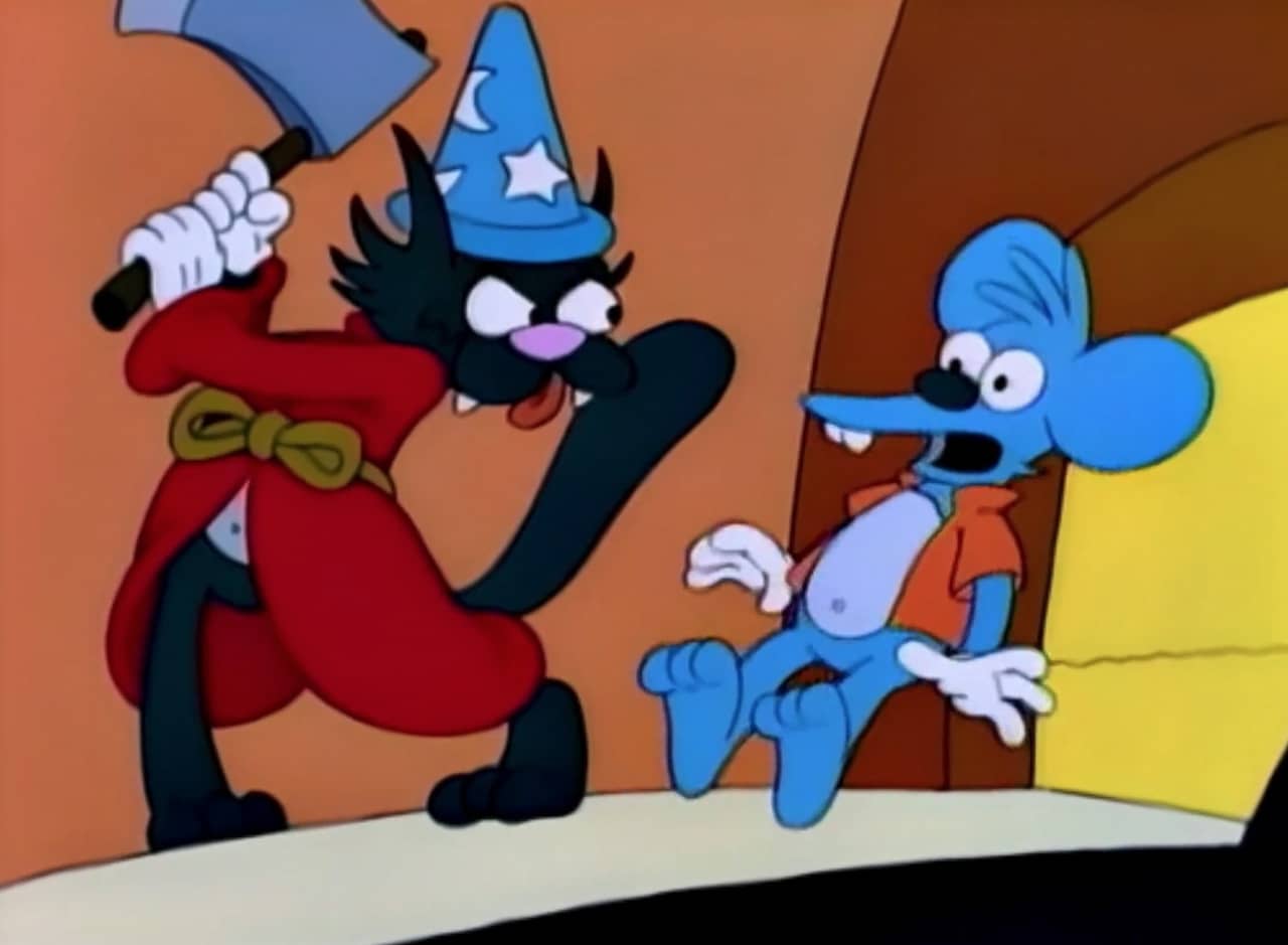 Scratchy in red robe and blue wizard hat swinging an axe at Itchy