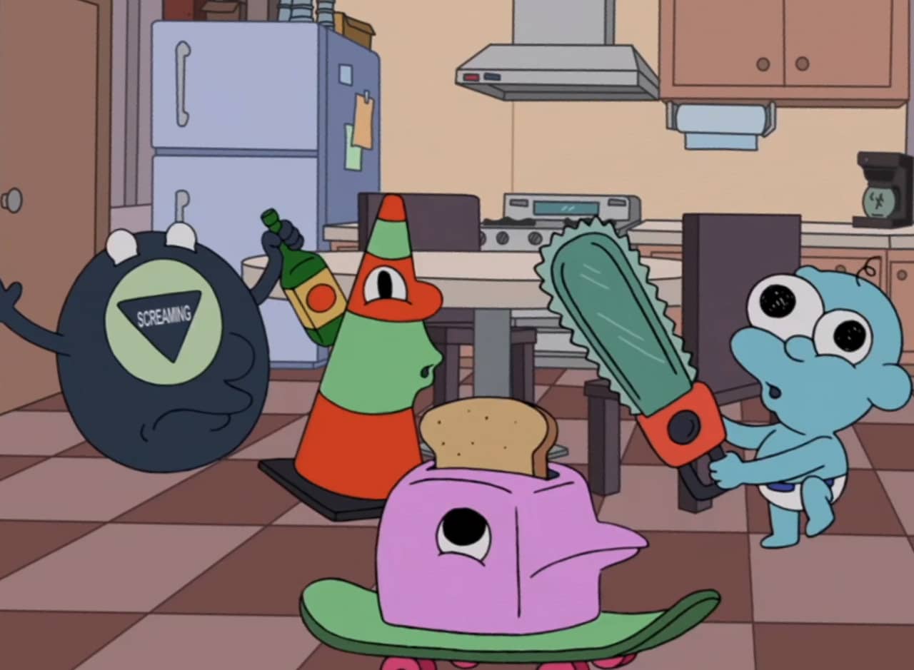 cour cartoon characters screaming in a kitchen, one is a toaster on a skateboard, one is a blue baby with a chainsaw, one is a parking cone, and one is a drunk Magic 8 ball