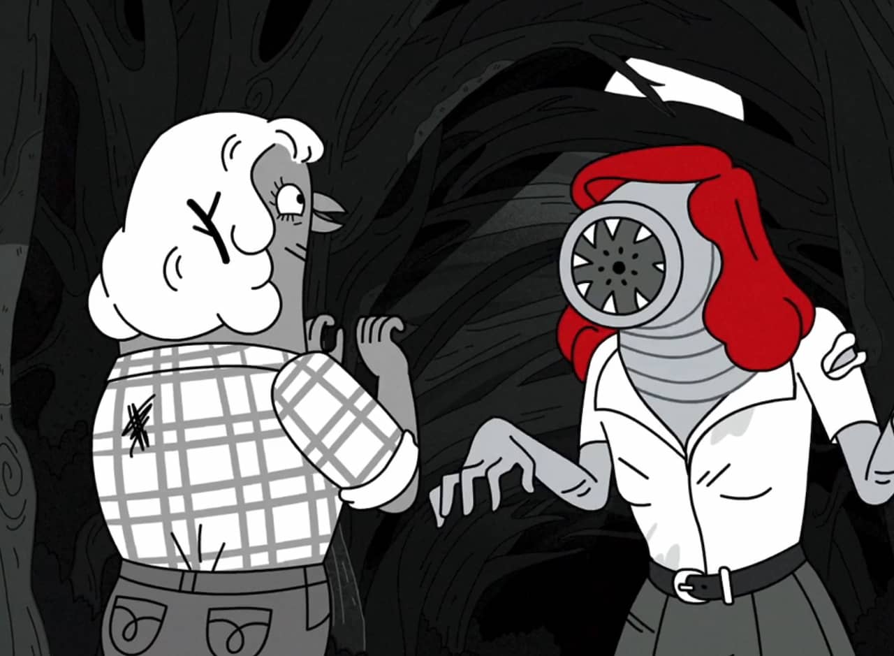 woman in the woods being approached by red-haired woman with the face of a leech