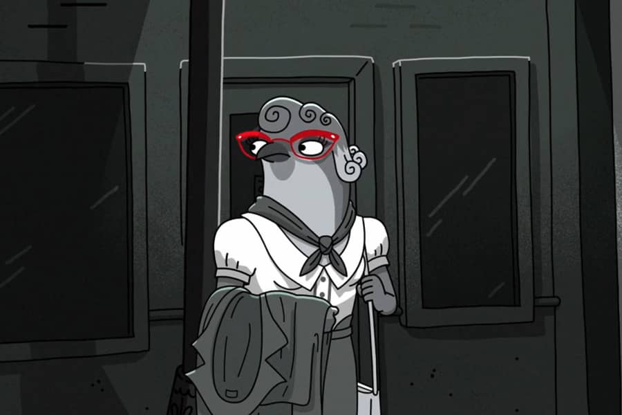 woman with red glasses looking worried as she walks down a dark street