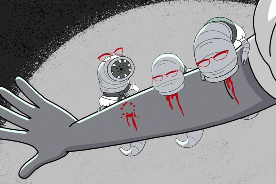 close-up of her arm with the leeches who are wearing red glasses like her