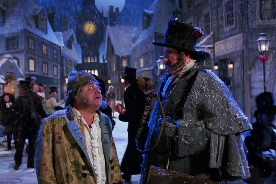 Buddy Hackett as Scrooge talking with a ghost of Christmas