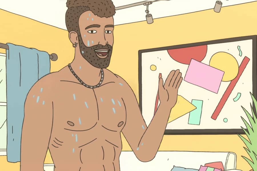 Sean shirtless and sweaty in a living room