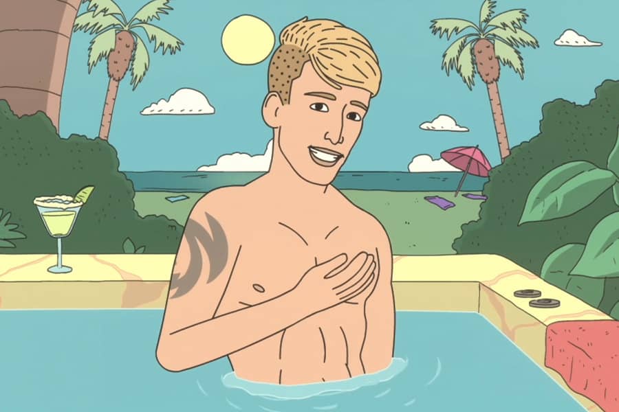 Shawn shirtless in a hot tub