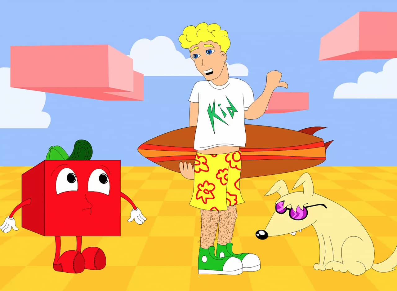 surfer guy, red block guy, and a cool dog