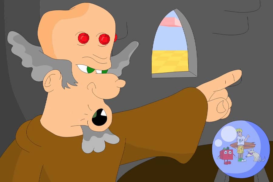 wizard guy looking at them in a crystal ball