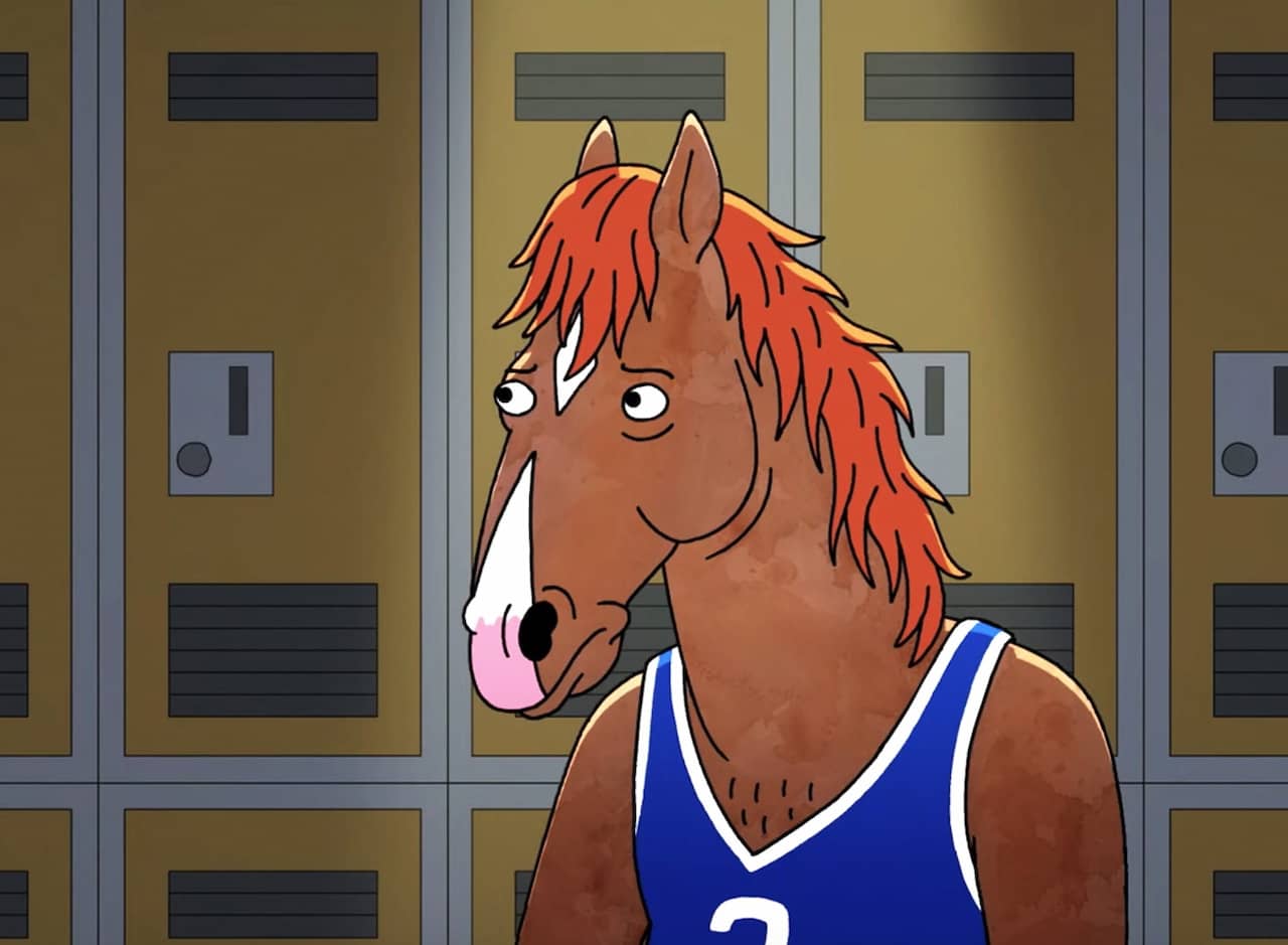 BoJack Horseman as Secretariat, wearing a jersey in a locker room