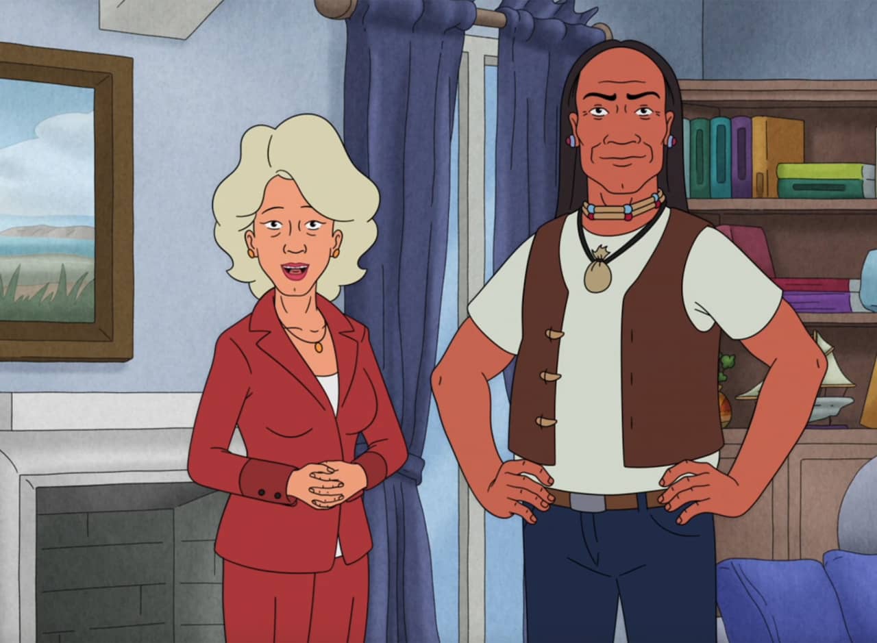 John Redcorn, a Native man, and Nancy Gribble, a blonde woman, in a staged house