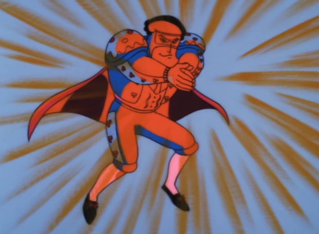Señor Fusion, a superhero dressed as a matador, flying in the air surrounded by rays of red light