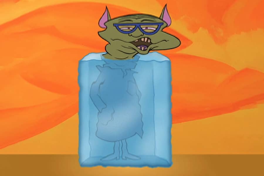 Señor Science with his body frozen into a block of ice, his head sticking out