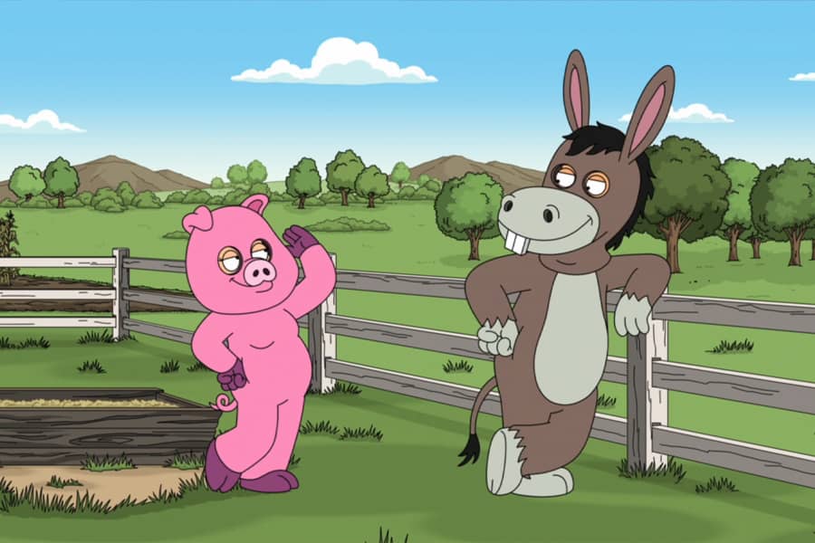 person dressed as a pig seducing someone dressed as a donkey