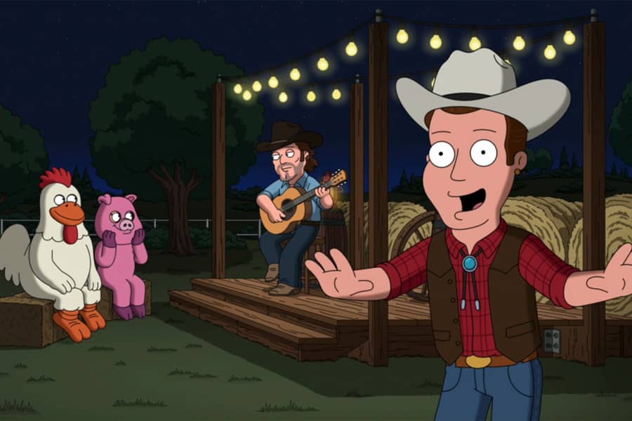 pig and chicken watching a musical act while the host speaks in the foreground