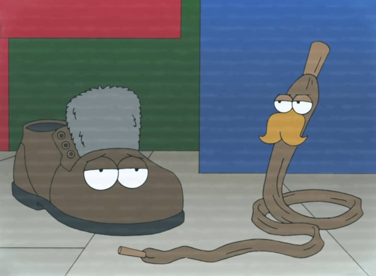 a shoe with eyes next to a shoelace with eyes and a mustache
