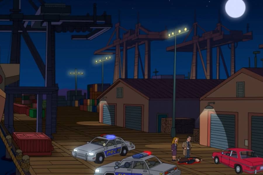 a wide shot of the crime scene at a shipping dock