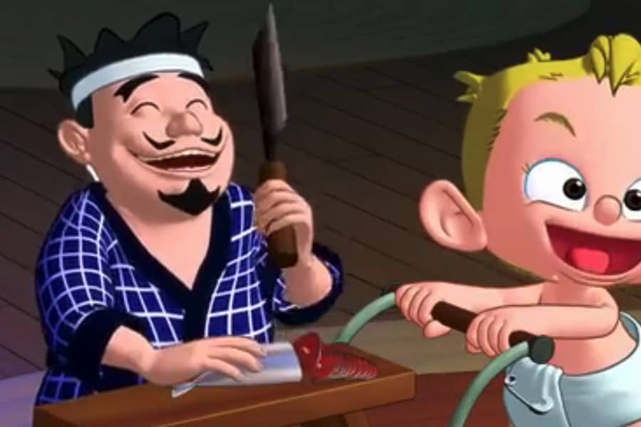 baby wheeling out a tiny sushi chef who is chopping up fish