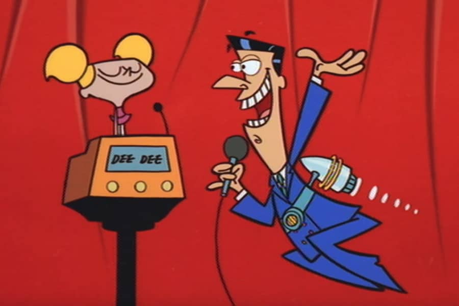 Trevor flying with a jetpack next to a contestant