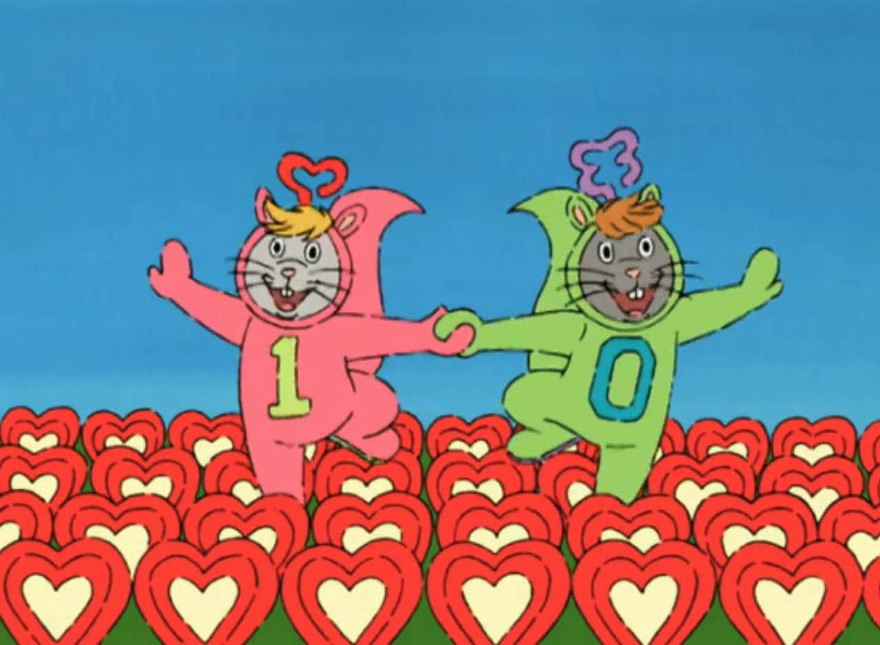 bunnies in squirrel costumes prancing through a field of hearts